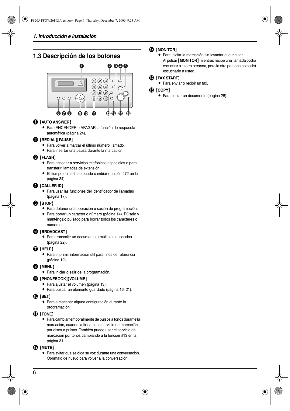 Controles, 3 descripción de los botones, Descripción de los botones | 3 descripción de los botones | Panasonic KXFP205 User Manual | Page 6 / 52