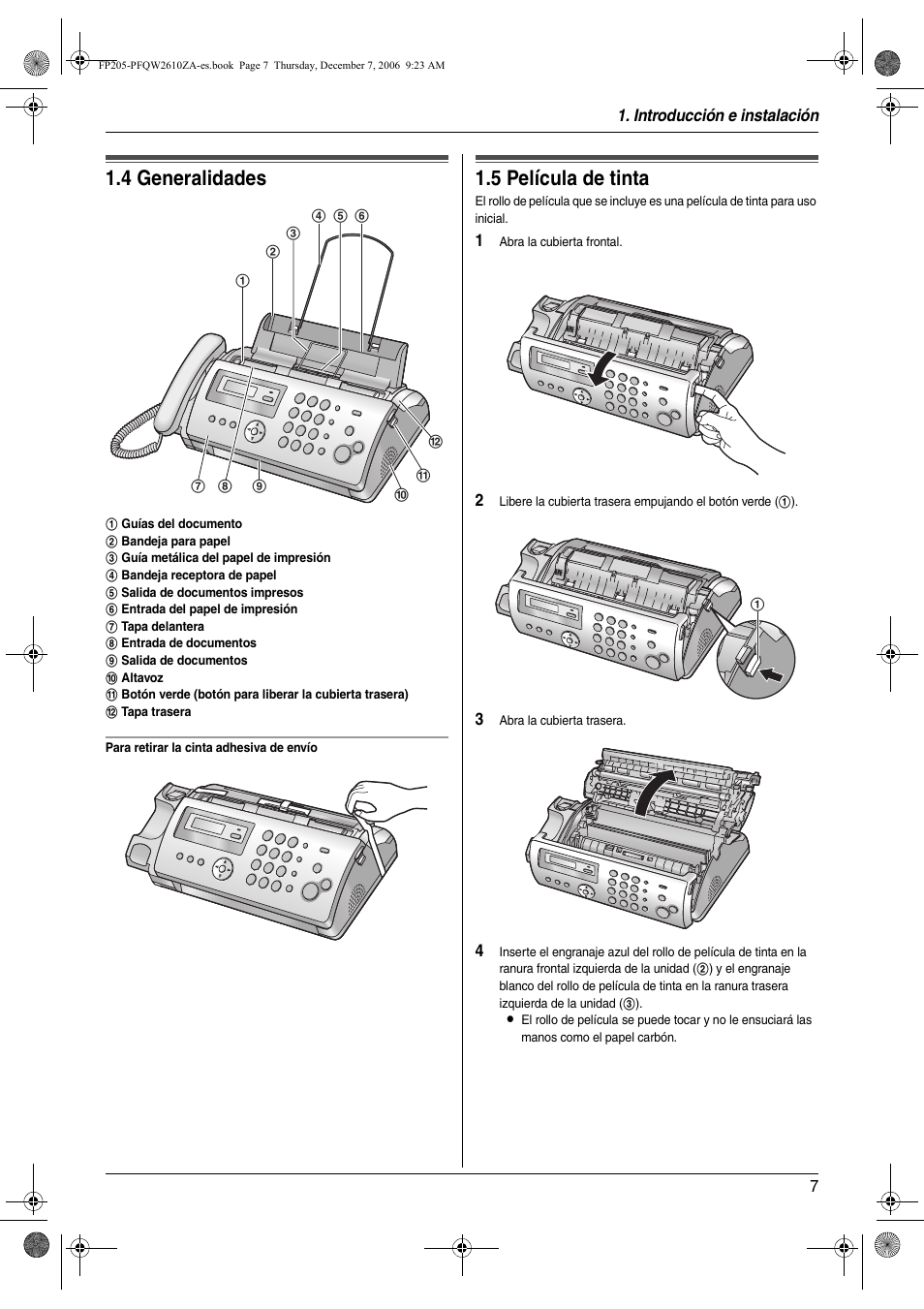 4 generalidades, Instalación, 5 película de tinta | Generalidades, Película de tinta, 4 generalidades, 5 película de tinta | Panasonic KXFP205 User Manual | Page 7 / 52