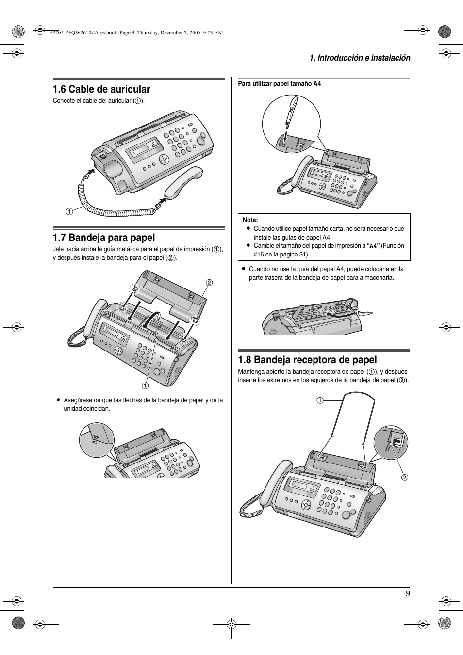 6 cable de auricular, 7 bandeja para papel, 8 bandeja receptora de papel | Cable de auricular, Bandeja para papel, Bandeja receptora de papel, 6 cable de auricular, 7 bandeja para papel, 8 bandeja receptora de papel | Panasonic KXFP205 User Manual | Page 9 / 52