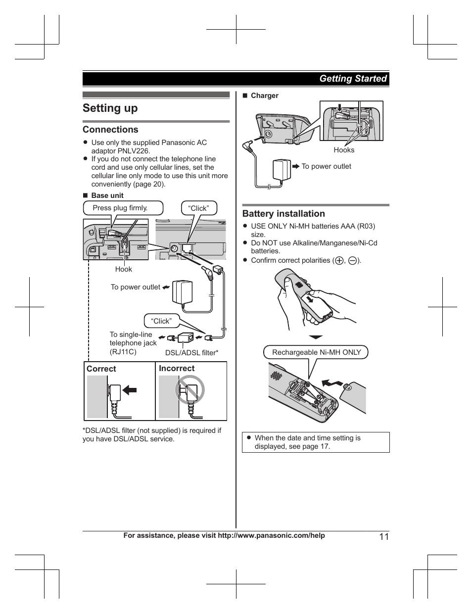 Getting started, Setting up | Panasonic KXTG7732 User Manual | Page 11 / 88