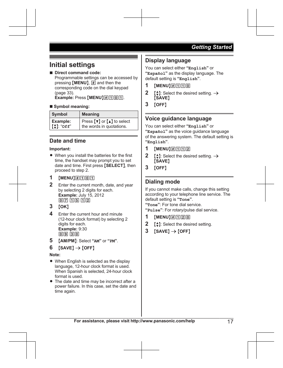 Initial settings, Date and time, Display language | Voice guidance language, Dialing mode, 17 getting started | Panasonic KXTG7732 User Manual | Page 17 / 88