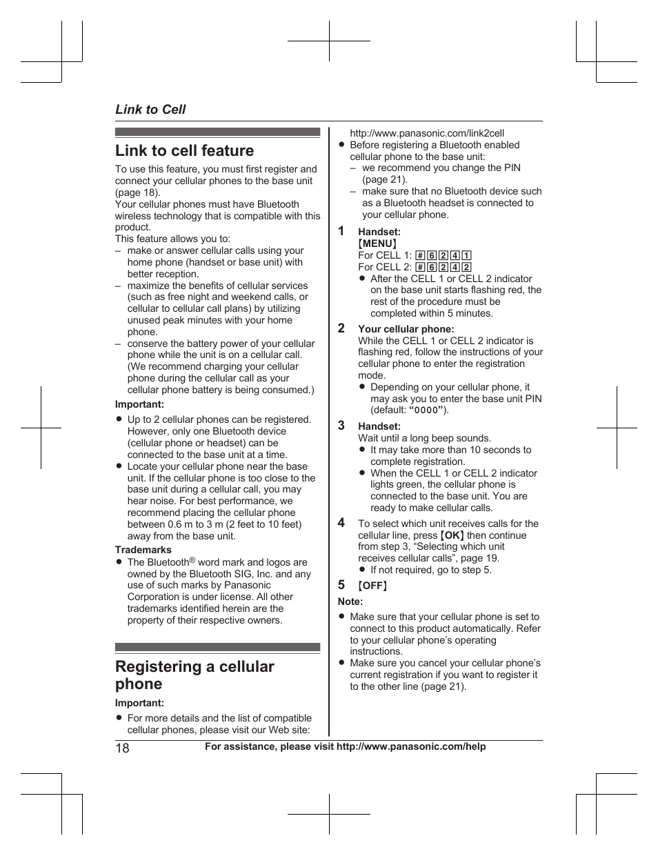 Link to cell, Link to cell feature, Registering a cellular phone | Link to cell feature registering a cellular phone | Panasonic KXTG7732 User Manual | Page 18 / 88