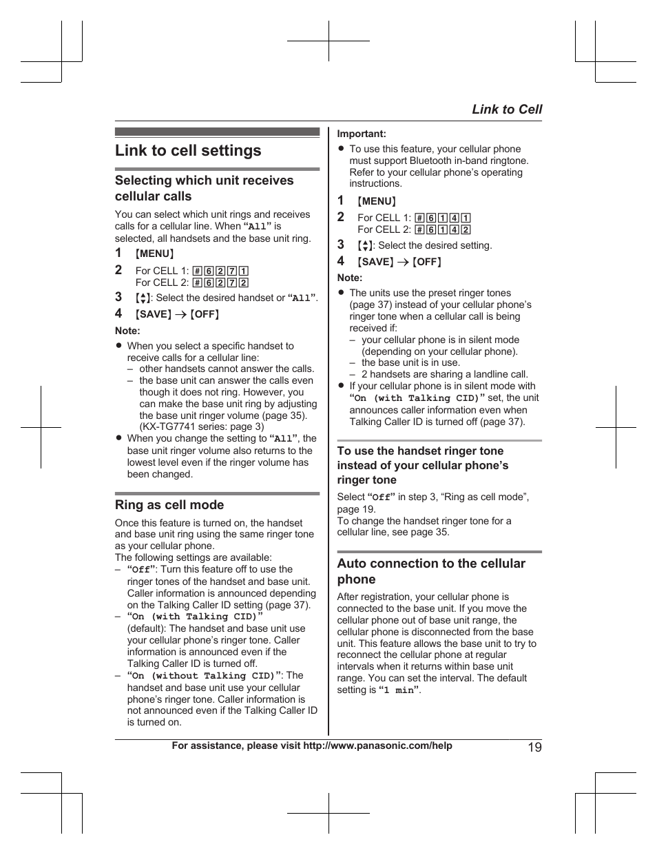 Link to cell settings, Selecting which unit receives cellular calls, Ring as cell mode | Auto connection to the cellular phone, 19 link to cell | Panasonic KXTG7732 User Manual | Page 19 / 88