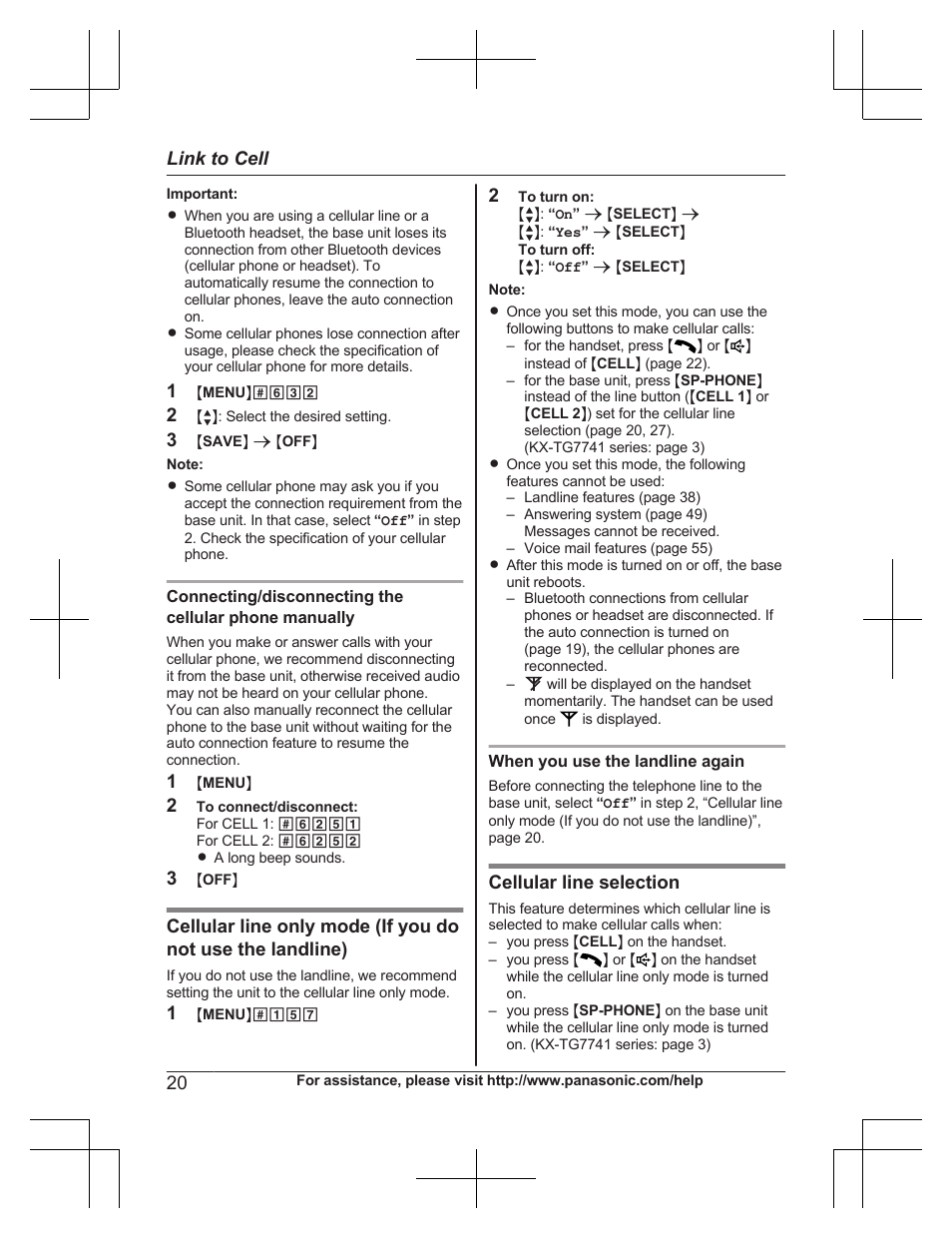 Cellular line selection, Link to cell | Panasonic KXTG7732 User Manual | Page 20 / 88