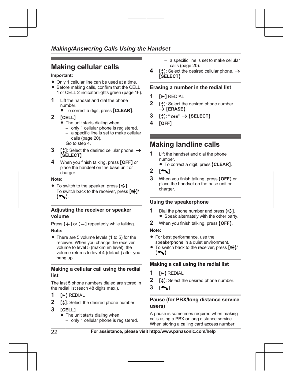 Making/answering calls using the handset, Making cellular calls, Making landline calls | Making cellular calls making landline calls | Panasonic KXTG7732 User Manual | Page 22 / 88