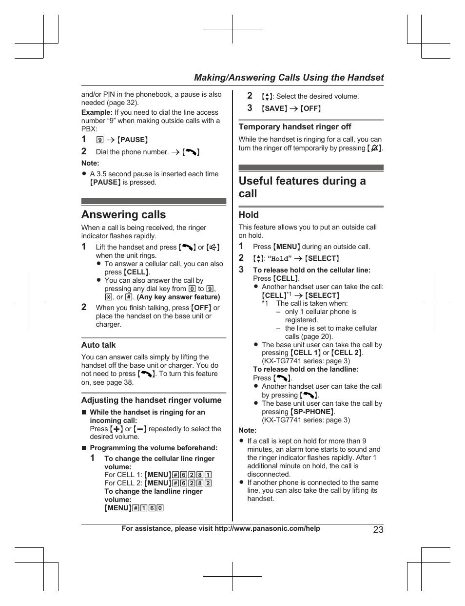 Answering calls, Useful features during a call, Answering calls useful features during a call | Hold, 23 making/answering calls using the handset | Panasonic KXTG7732 User Manual | Page 23 / 88