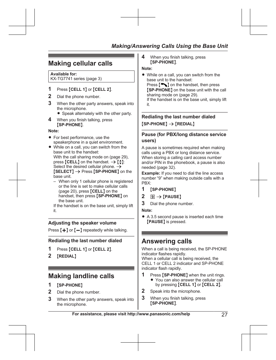 Making/answering calls using the base unit, Making cellular calls, Making landline calls | Answering calls | Panasonic KXTG7732 User Manual | Page 27 / 88