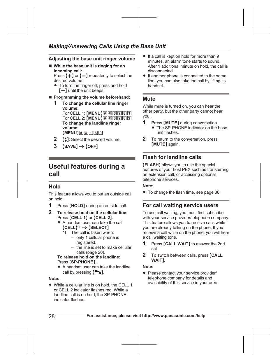 Useful features during a call, Hold, Mute | Flash for landline calls, For call waiting service users, Making/answering calls using the base unit | Panasonic KXTG7732 User Manual | Page 28 / 88