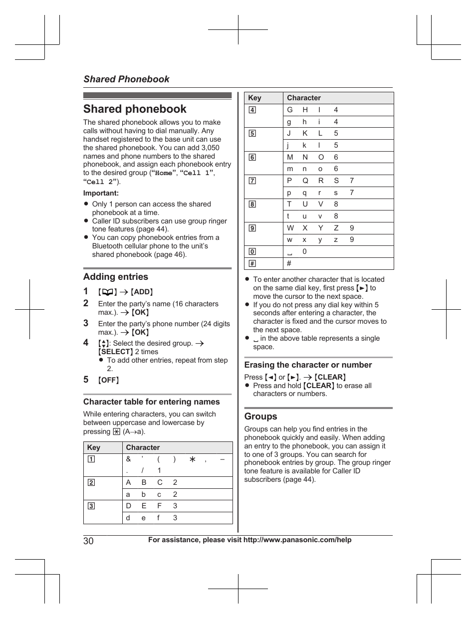 Shared phonebook, Adding entries 1, Groups | Panasonic KXTG7732 User Manual | Page 30 / 88