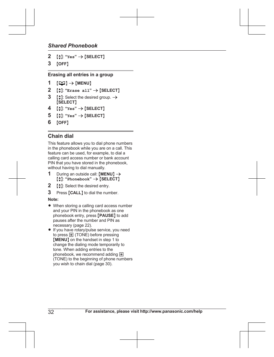 Chain dial, Shared phonebook | Panasonic KXTG7732 User Manual | Page 32 / 88