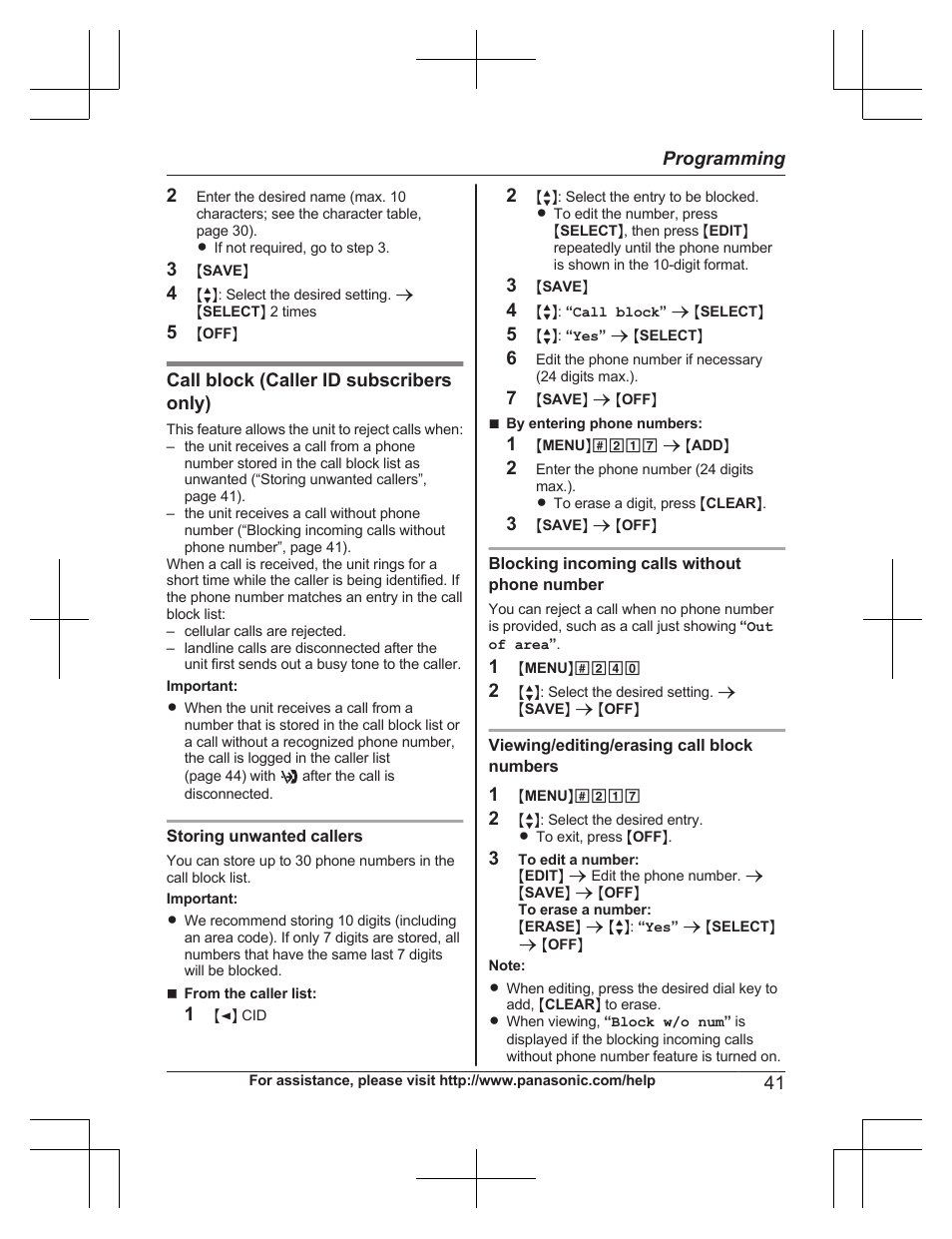 Call block (caller id subscribers only), 41 programming | Panasonic KXTG7732 User Manual | Page 41 / 88