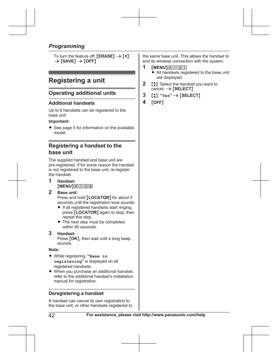 Registering a unit, Operating additional units, Registering a handset to the base unit | Programming | Panasonic KXTG7732 User Manual | Page 42 / 88