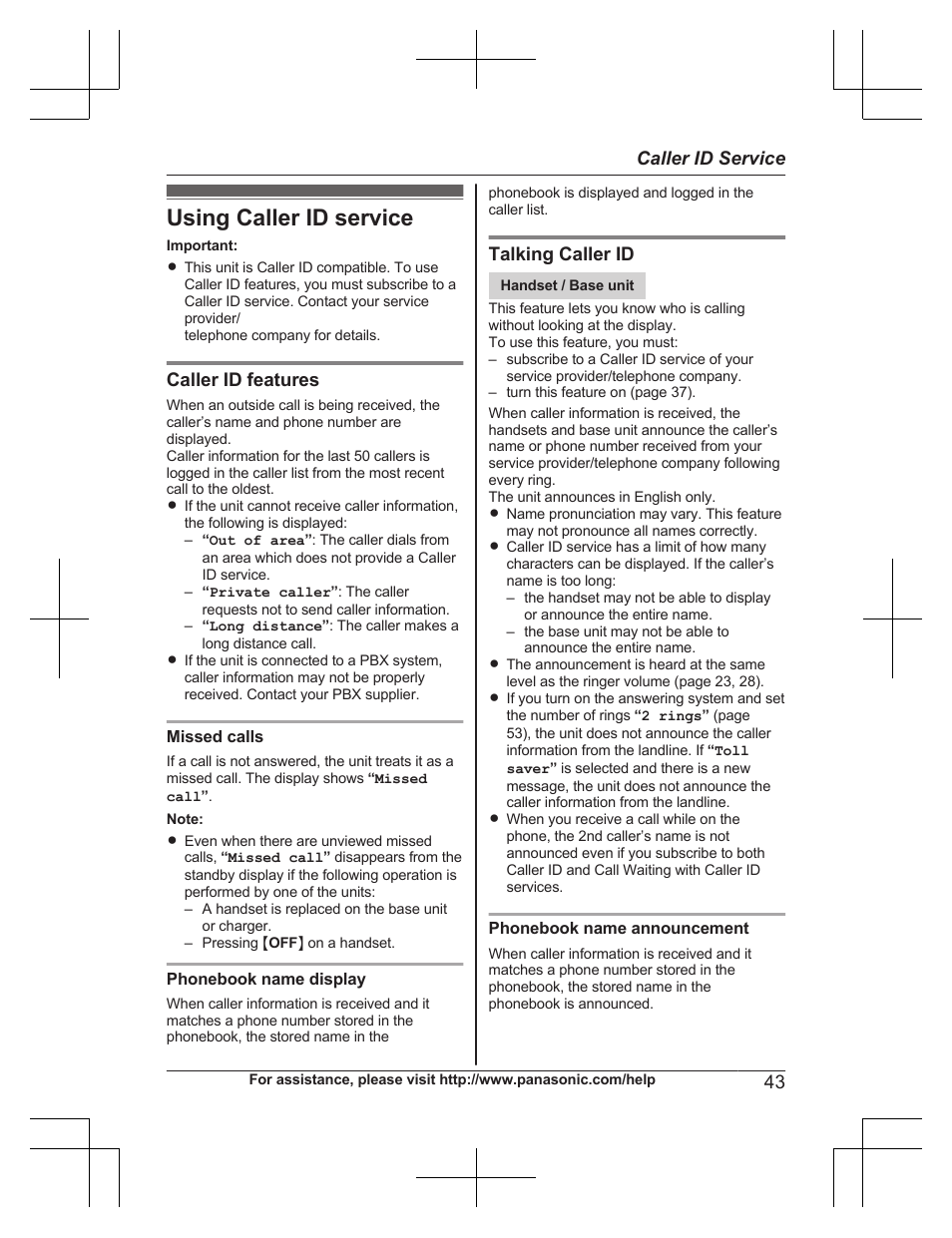 Caller id service, Using caller id service, Caller id features | Talking caller id, 43 caller id service | Panasonic KXTG7732 User Manual | Page 43 / 88