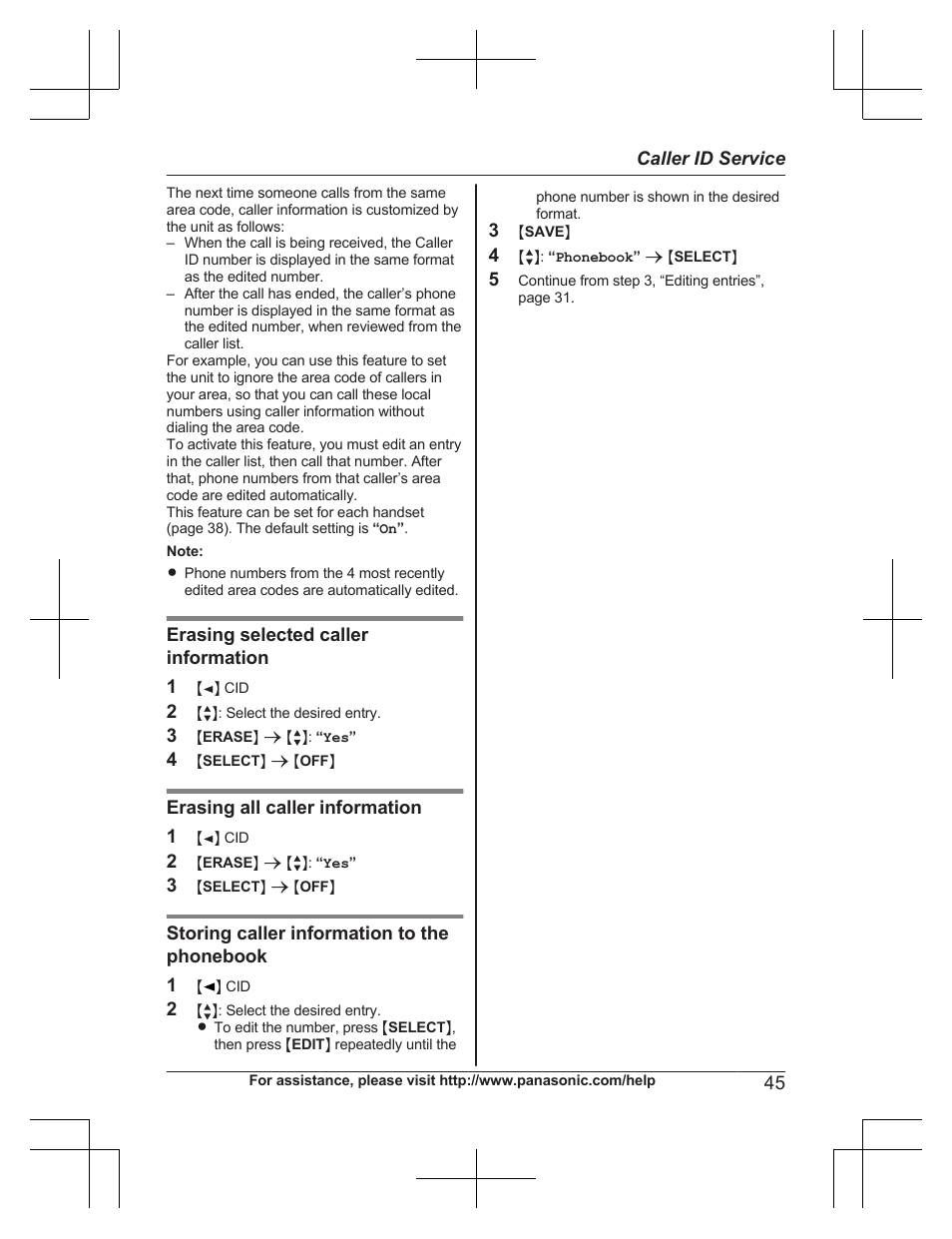 Erasing selected caller information 1, Erasing all caller information 1, Storing caller information to the phonebook 1 | 45 caller id service | Panasonic KXTG7732 User Manual | Page 45 / 88