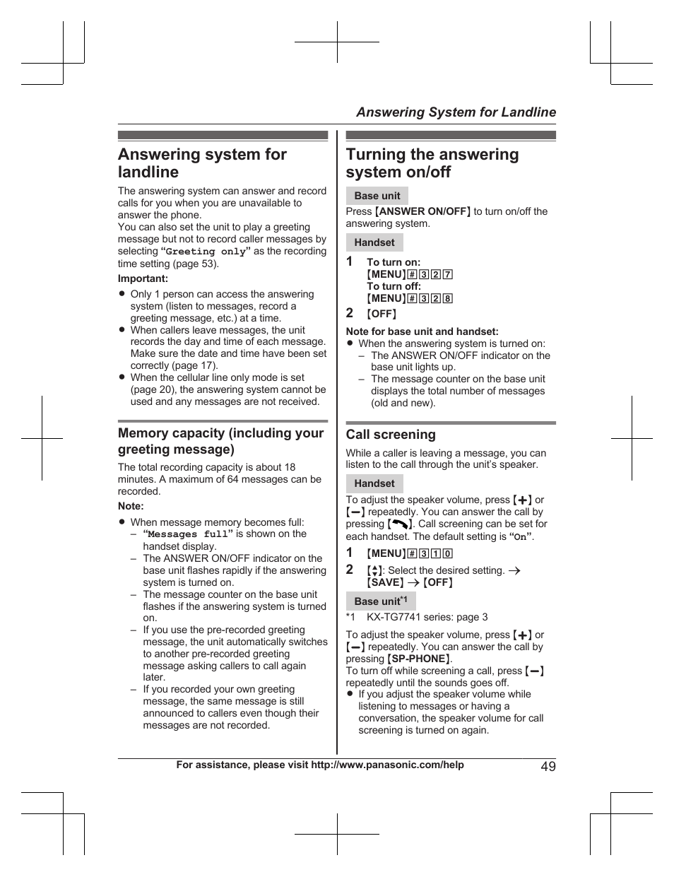 Answering system for landline, Turning the answering system on/off | Panasonic KXTG7732 User Manual | Page 49 / 88