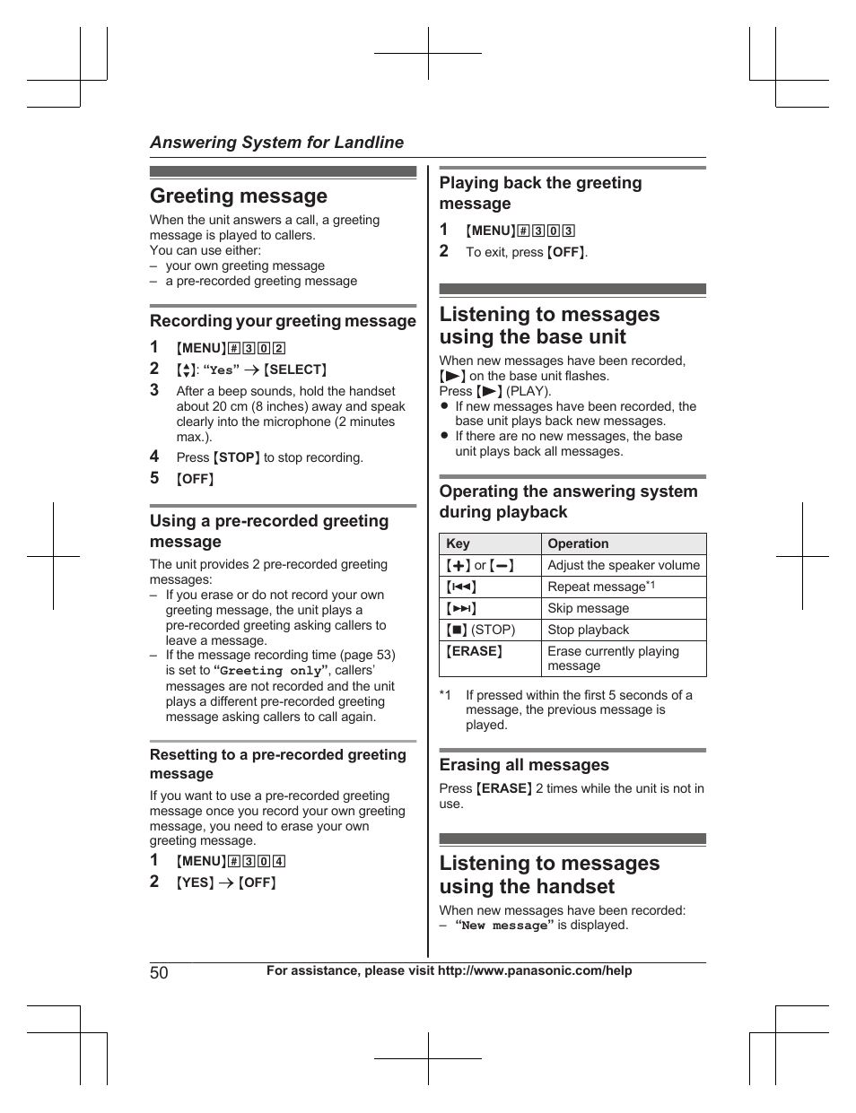 Greeting message, Listening to messages using the base unit, Listening to messages using the handset | Panasonic KXTG7732 User Manual | Page 50 / 88