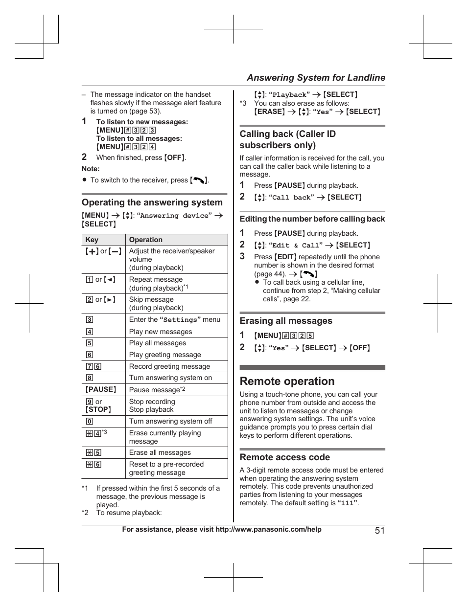 Remote operation, Operating the answering system, Calling back (caller id subscribers only) | Erasing all messages 1, Remote access code, 51 answering system for landline | Panasonic KXTG7732 User Manual | Page 51 / 88