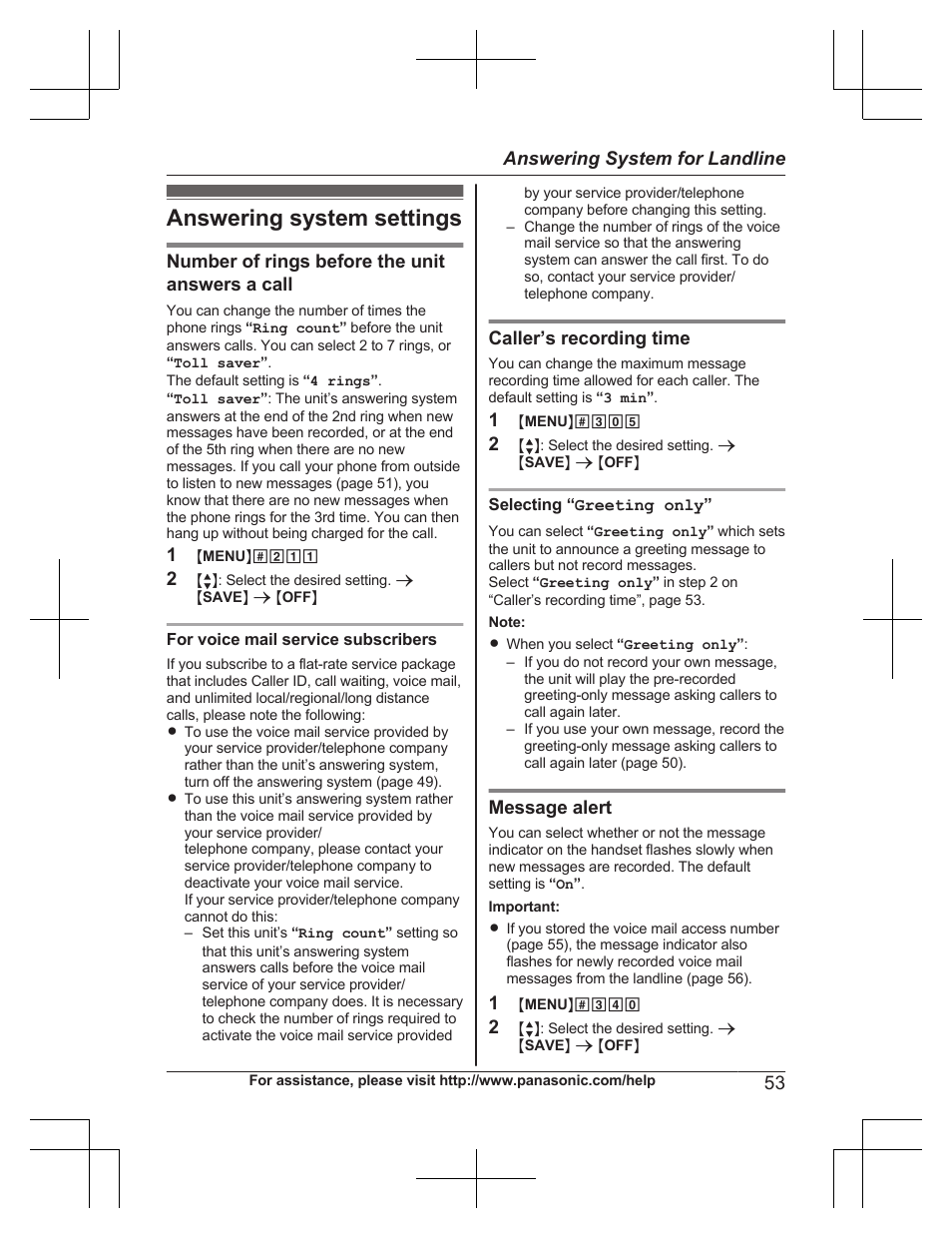 Answering system settings, Number of rings before the unit answers a call, Caller’s recording time | Message alert, 53 answering system for landline | Panasonic KXTG7732 User Manual | Page 53 / 88