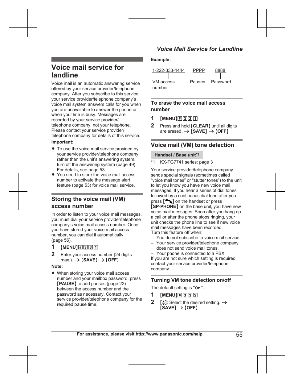 Voice mail service for landline | Panasonic KXTG7732 User Manual | Page 55 / 88