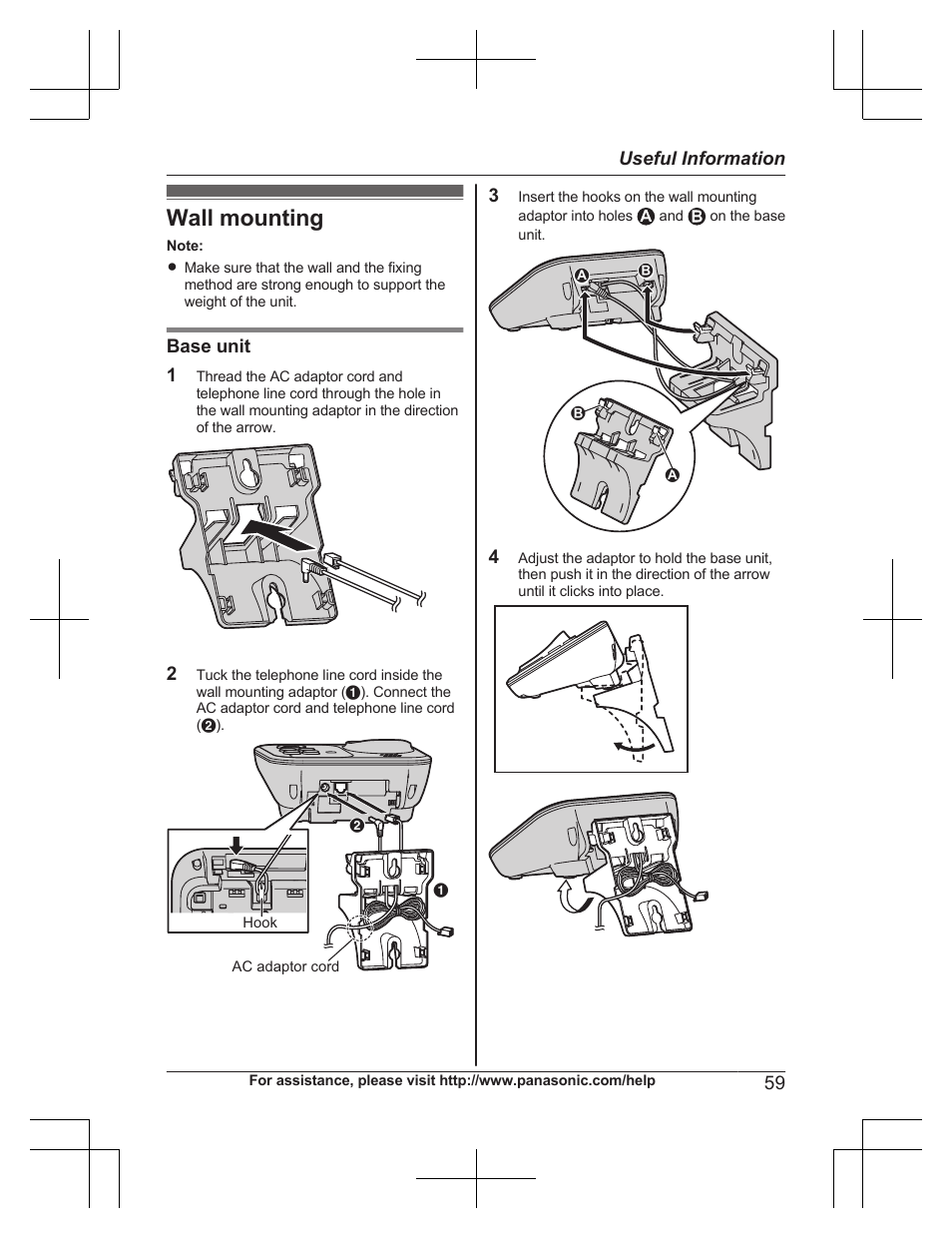 Useful information, Wall mounting | Panasonic KXTG7732 User Manual | Page 59 / 88