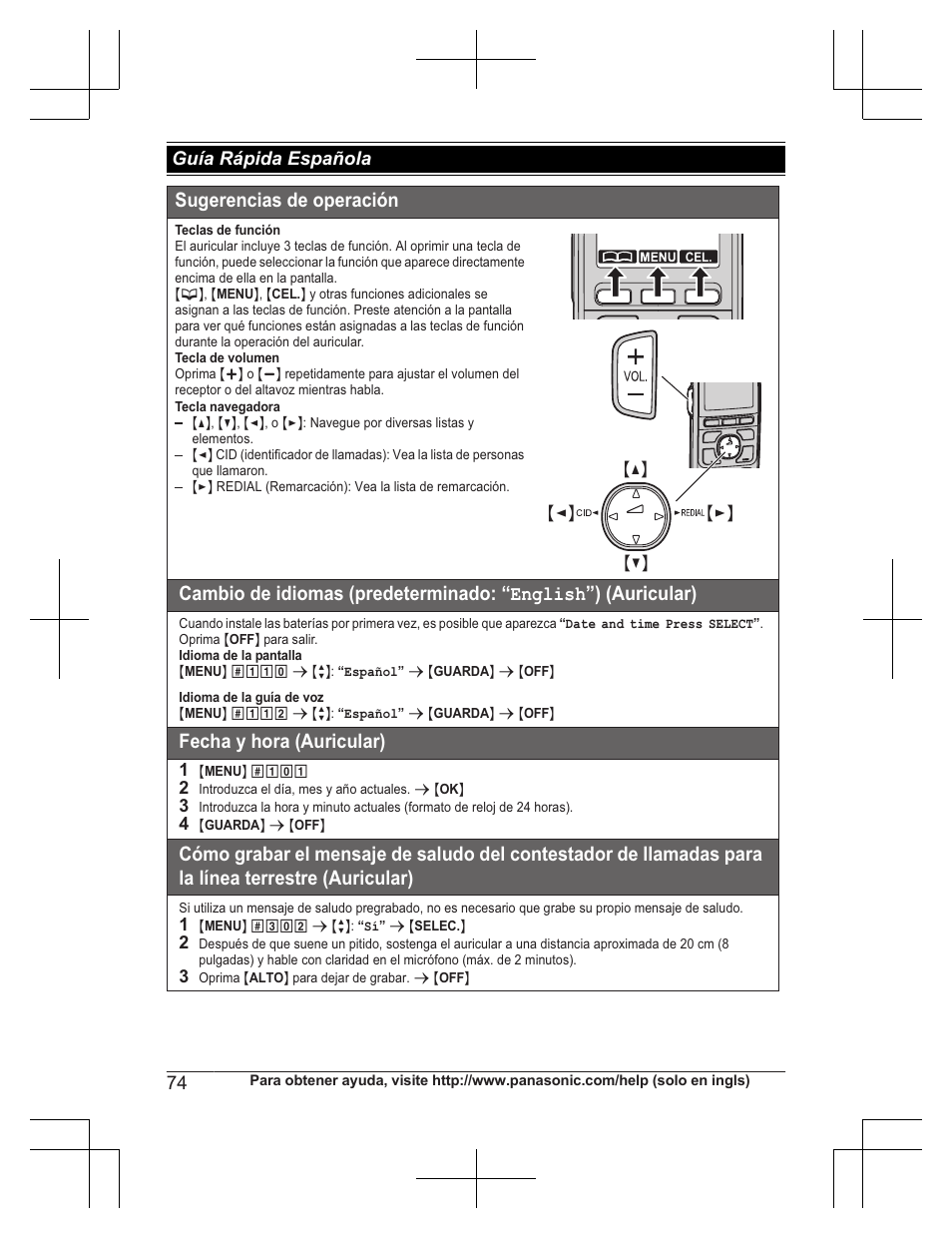 Sugerencias de operación, Fecha y hora (auricular), Guía rápida española | Panasonic KXTG7732 User Manual | Page 74 / 88