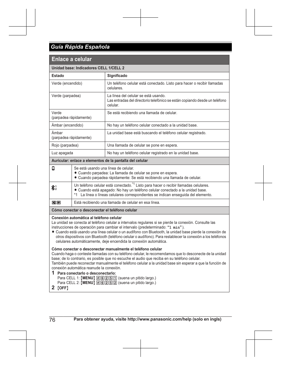 Enlace a celular, Guía rápida española | Panasonic KXTG7732 User Manual | Page 76 / 88