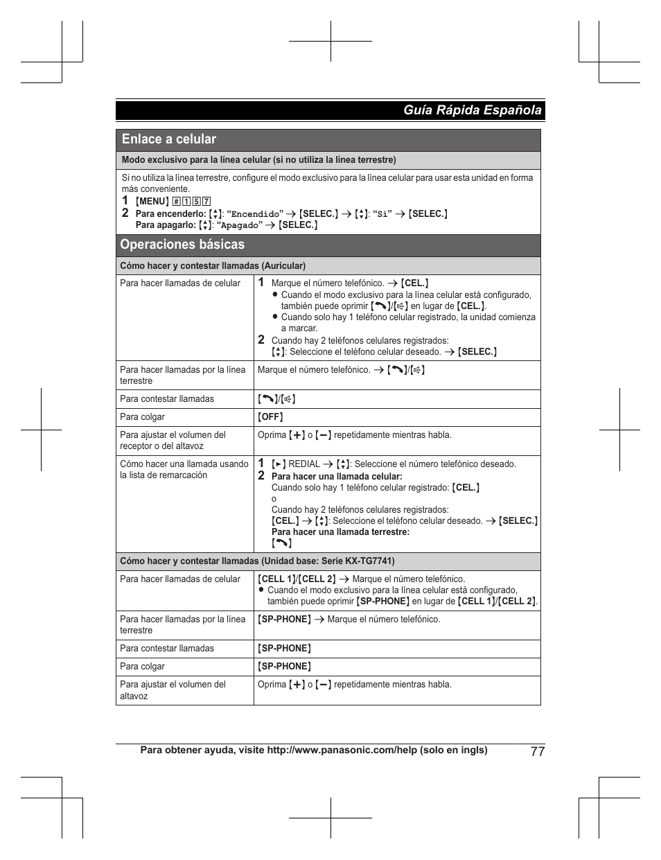 Operaciones básicas, Enlace a celular, 77 guía rápida española | Panasonic KXTG7732 User Manual | Page 77 / 88