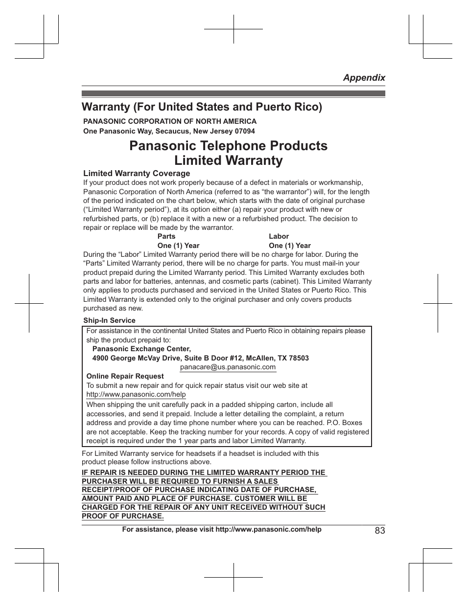 Warranty (for united states and puerto rico), Panasonic telephone products limited warranty | Panasonic KXTG7732 User Manual | Page 83 / 88