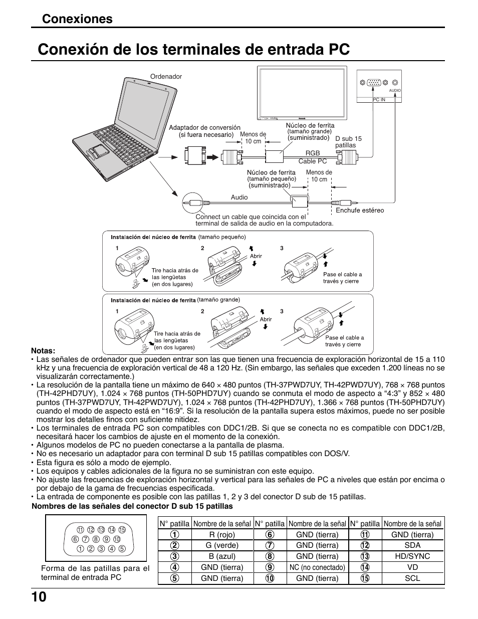 Conexión de los terminales de entrada pc, Conexiones | Panasonic TH42PWD7UY User Manual | Page 10 / 44