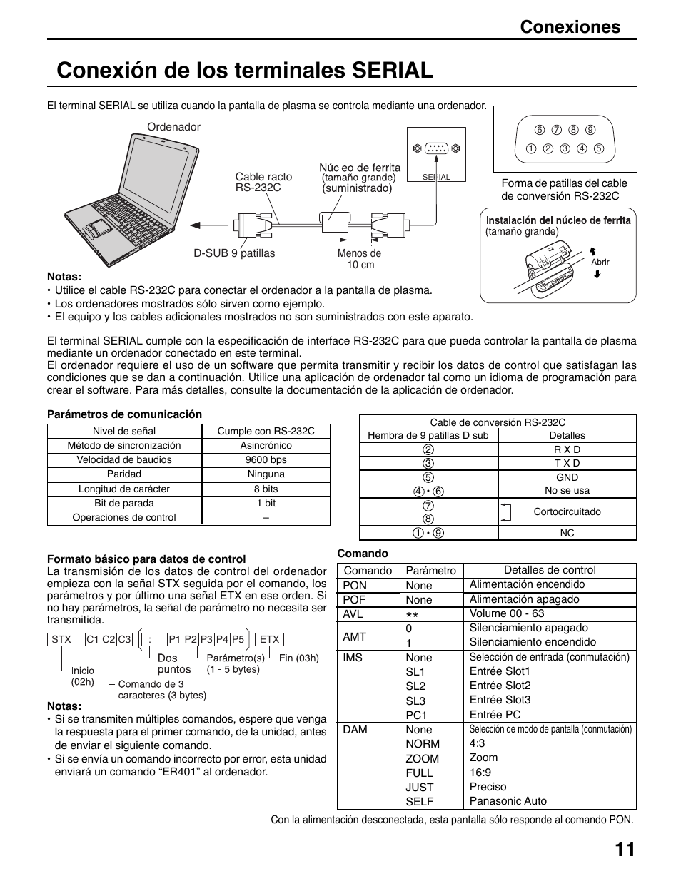 Conexión de los terminales serial, Conexiones | Panasonic TH42PWD7UY User Manual | Page 11 / 44