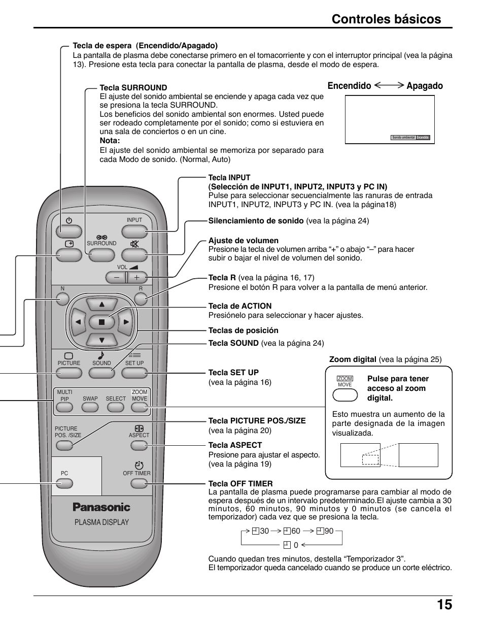 Controles básicos, Encendido apagado | Panasonic TH42PWD7UY User Manual | Page 15 / 44