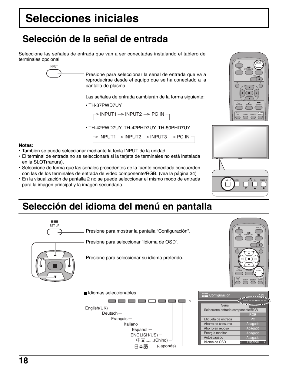 Selecciones iniciales | Panasonic TH42PWD7UY User Manual | Page 18 / 44