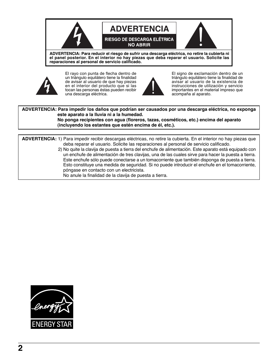2advertencia | Panasonic TH42PWD7UY User Manual | Page 2 / 44