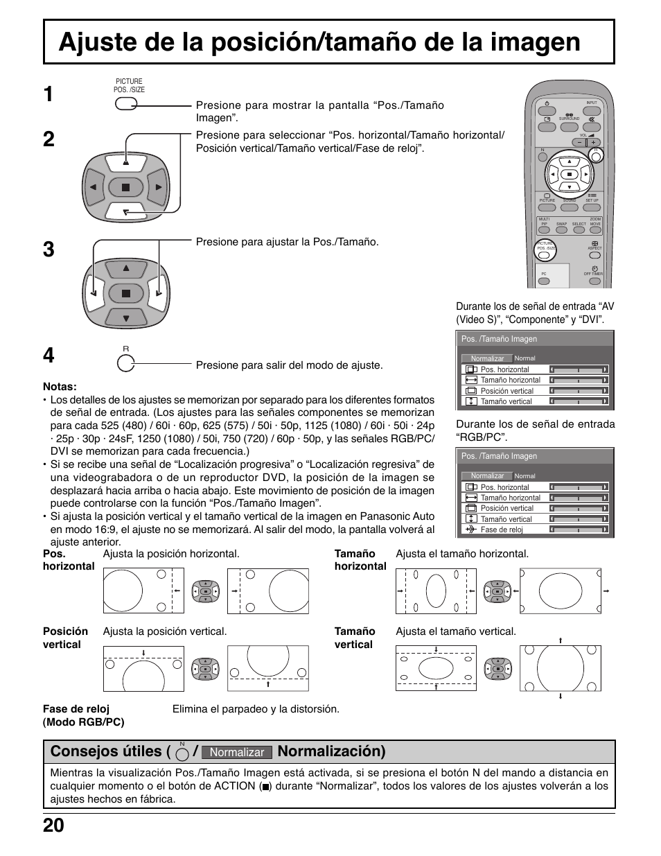 Ajuste de la posición/tamaño de la imagen, Consejos útiles, Normalización) | Normalizar | Panasonic TH42PWD7UY User Manual | Page 20 / 44