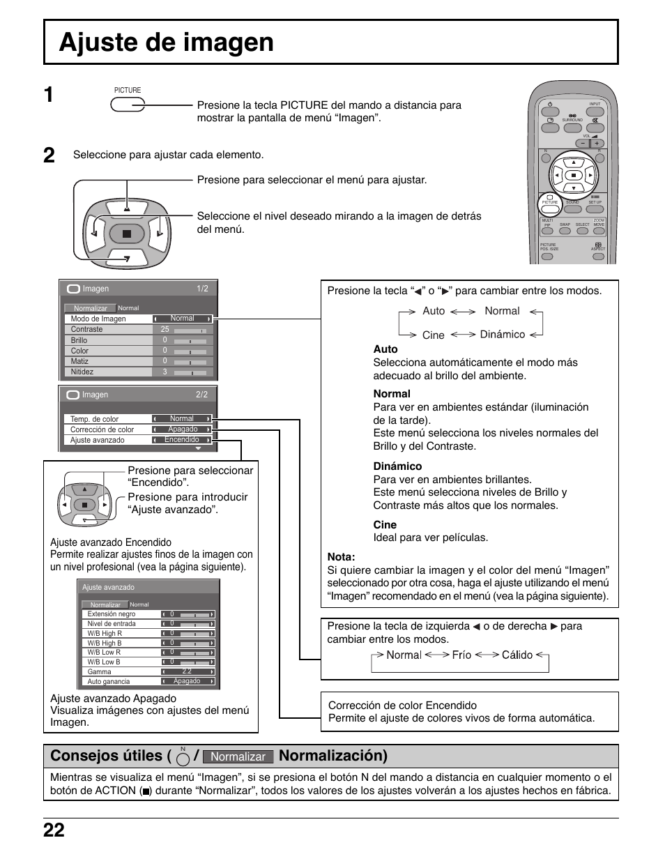 Ajuste de imagen, Consejos útiles, Normalización) | Normalizar | Panasonic TH42PWD7UY User Manual | Page 22 / 44