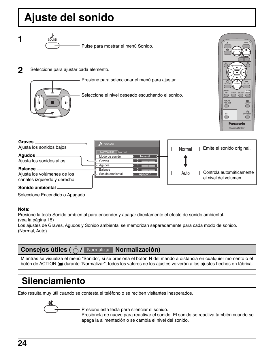 Ajuste del sonido, Silenciamiento, Consejos útiles | Normalización), Normalizar | Panasonic TH42PWD7UY User Manual | Page 24 / 44