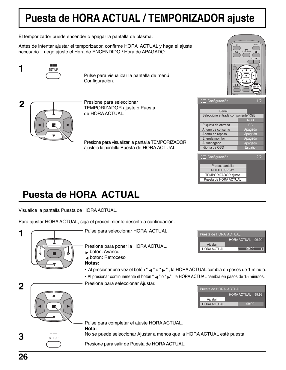 Puesta de hora actual / temporizador ajuste, Puesta de hora actual | Panasonic TH42PWD7UY User Manual | Page 26 / 44