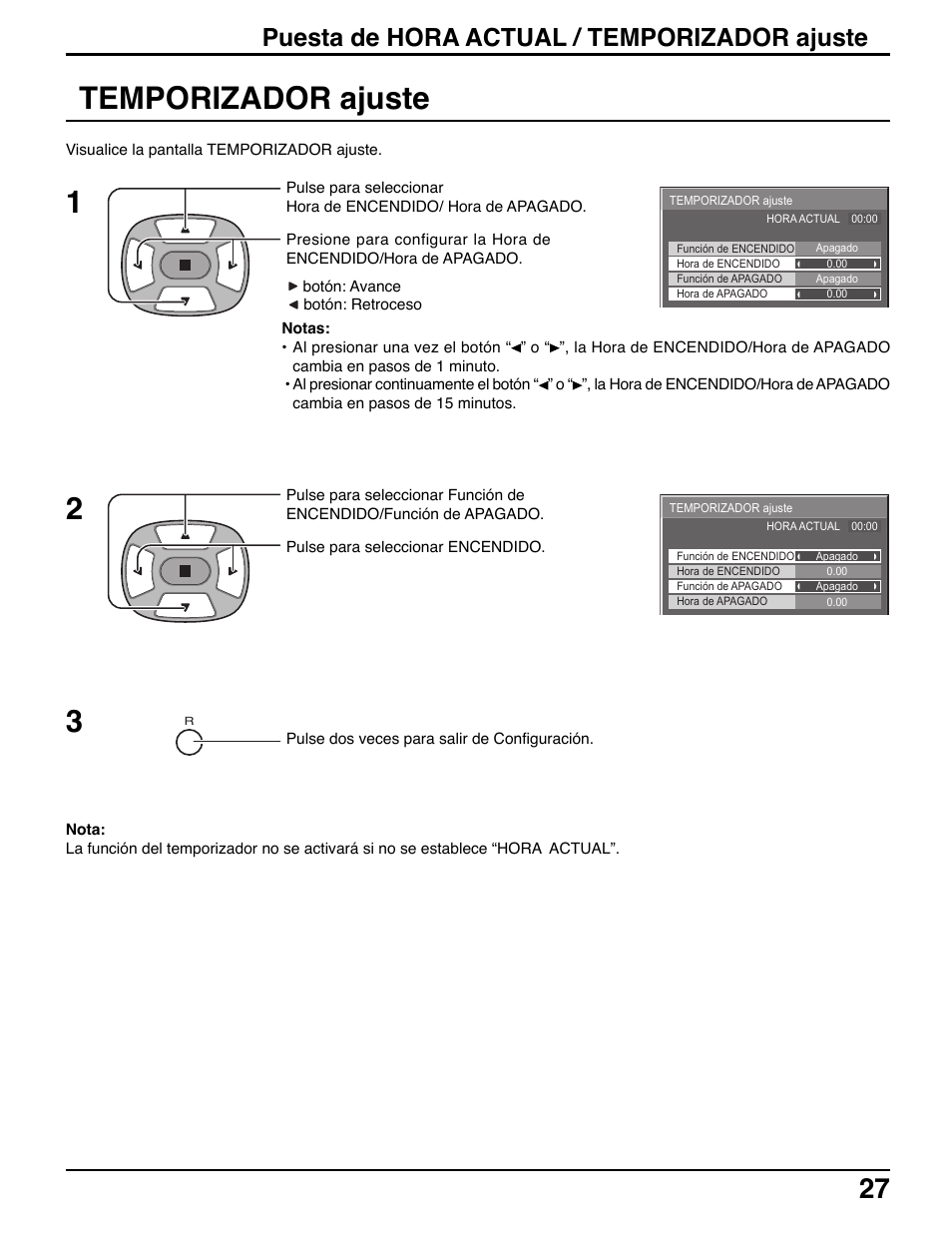 Temporizador ajuste, Puesta de hora actual / temporizador ajuste | Panasonic TH42PWD7UY User Manual | Page 27 / 44