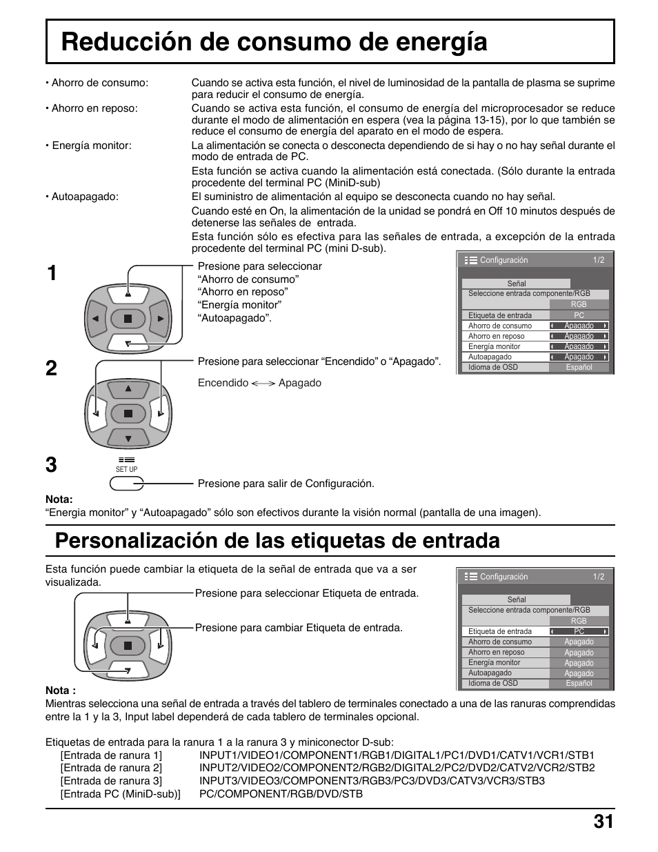 Reducción de consumo de energía, Personalización de las etiquetas de entrada | Panasonic TH42PWD7UY User Manual | Page 31 / 44