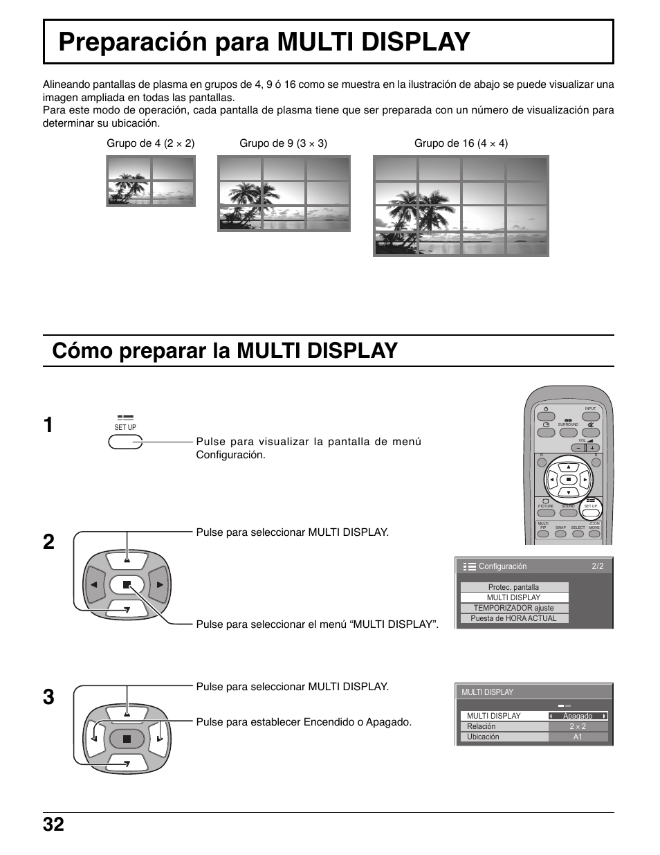 Preparación para multi display, Cómo preparar la multi display | Panasonic TH42PWD7UY User Manual | Page 32 / 44