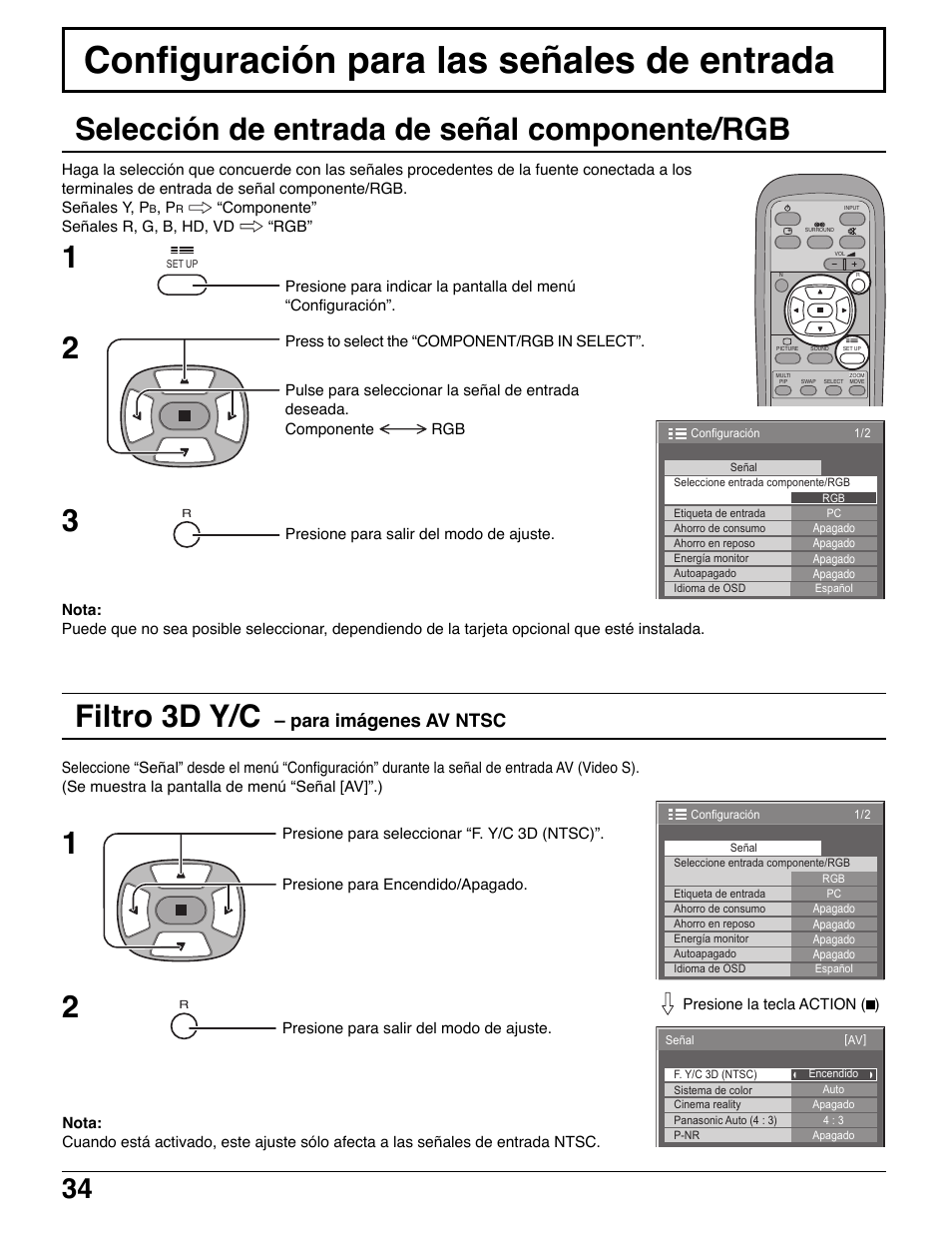 Configuración para las señales de entrada, Filtro 3d y/c, Selección de entrada de señal componente/rgb | Para imágenes av ntsc | Panasonic TH42PWD7UY User Manual | Page 34 / 44