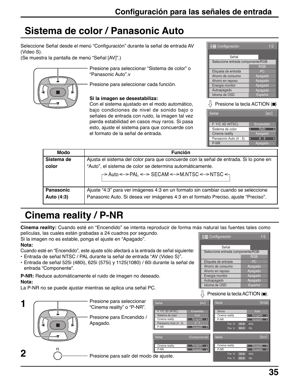 Sistema de color / panasonic auto, Cinema reality / p-nr, Configuración para las señales de entrada | Panasonic TH42PWD7UY User Manual | Page 35 / 44