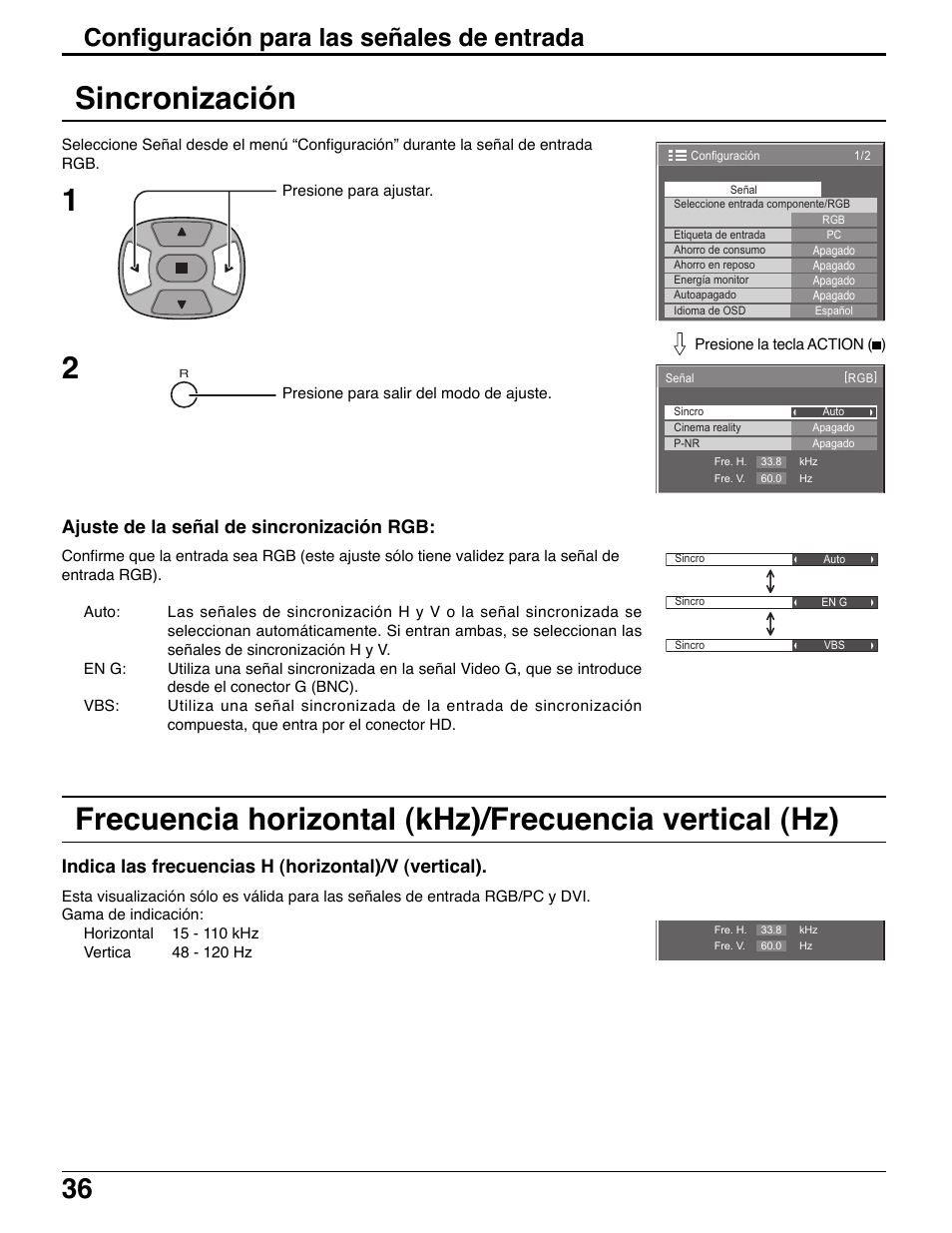Sincronización, Configuración para las señales de entrada, Ajuste de la señal de sincronización rgb | Indica las frecuencias h (horizontal)/v (vertical) | Panasonic TH42PWD7UY User Manual | Page 36 / 44