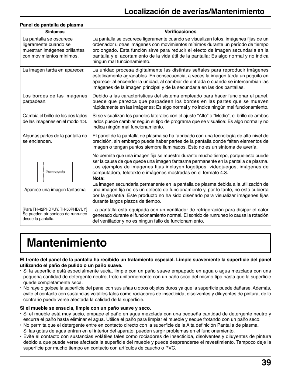 Mantenimiento, Localización de averías/mantenimiento | Panasonic TH42PWD7UY User Manual | Page 39 / 44