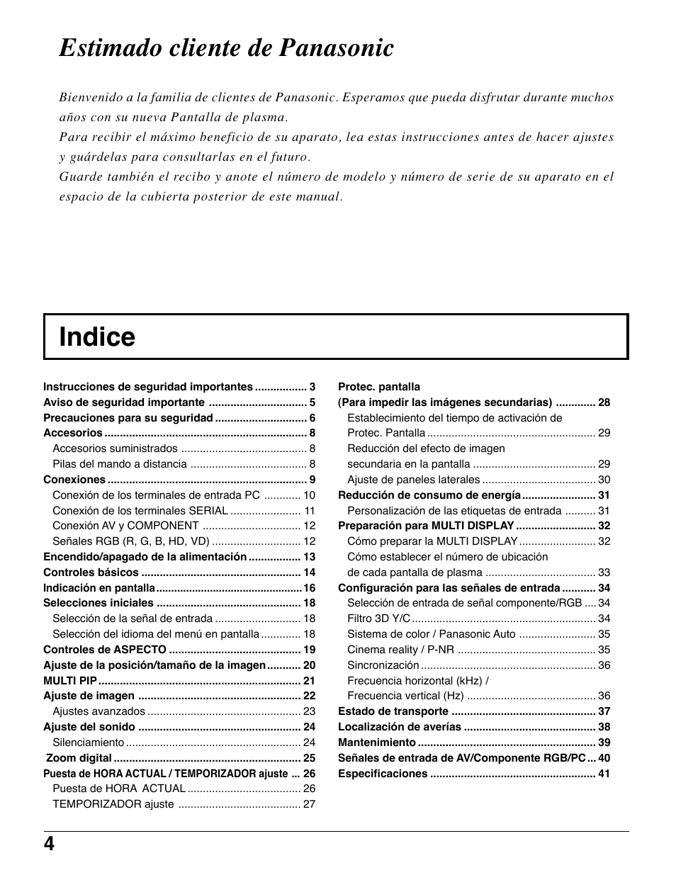Indice estimado cliente de panasonic | Panasonic TH42PWD7UY User Manual | Page 4 / 44