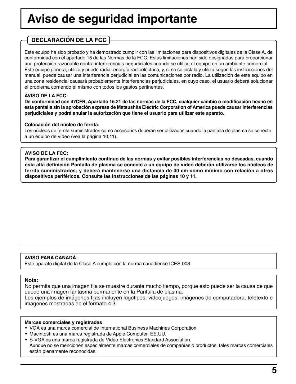 Aviso de seguridad importante | Panasonic TH42PWD7UY User Manual | Page 5 / 44