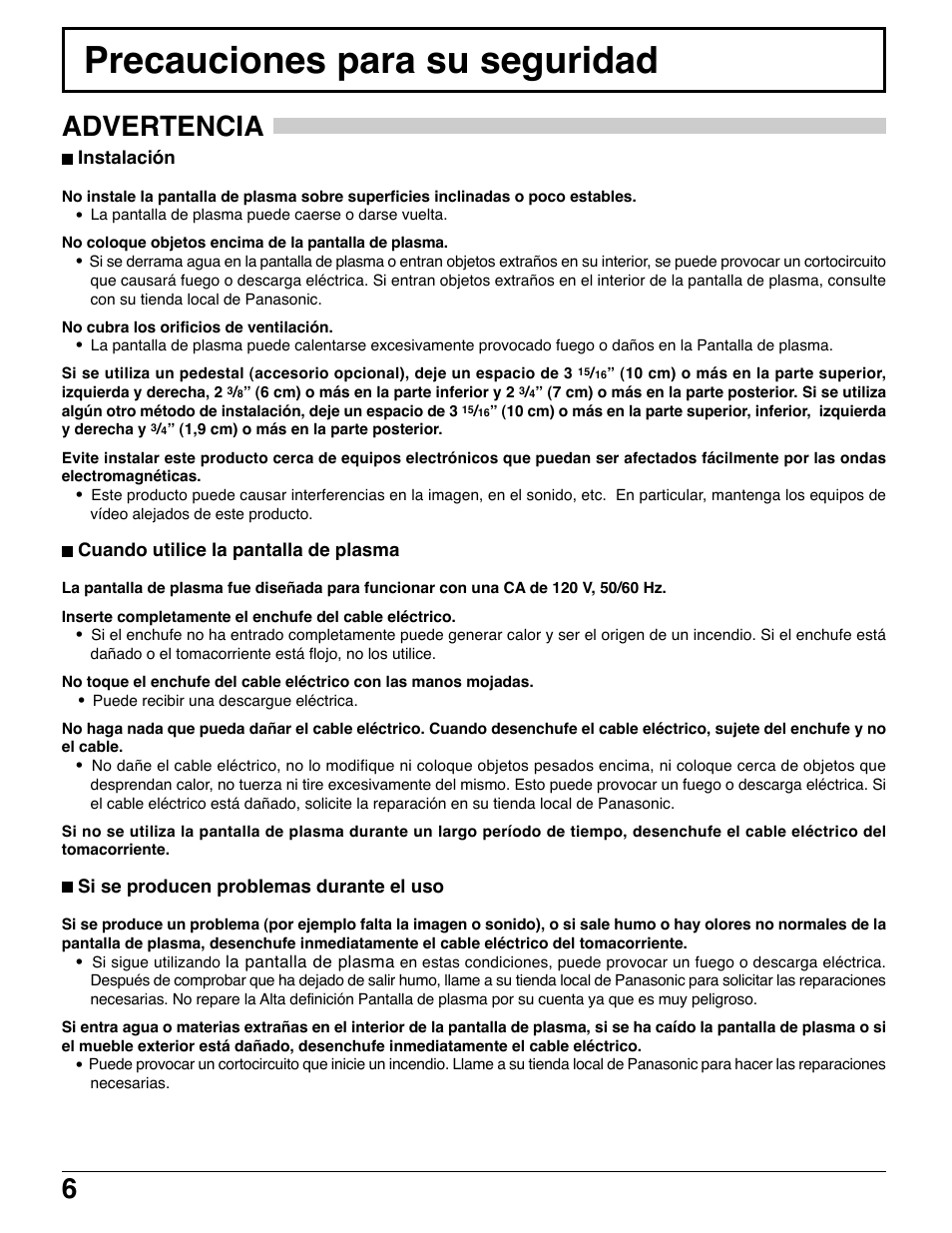 Precauciones para su seguridad, 6advertencia | Panasonic TH42PWD7UY User Manual | Page 6 / 44