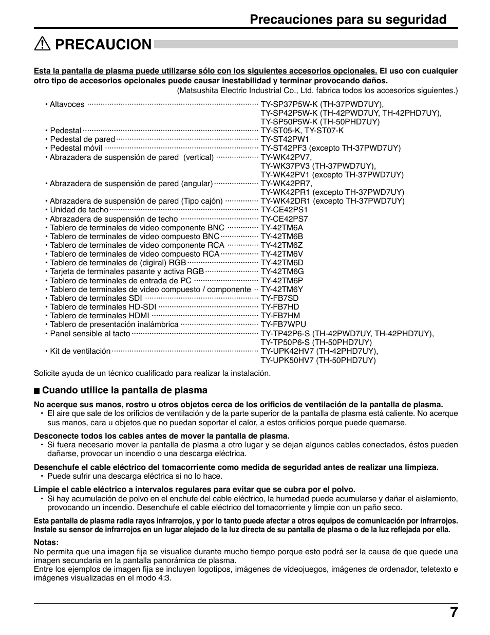 7precaucion, Precauciones para su seguridad | Panasonic TH42PWD7UY User Manual | Page 7 / 44