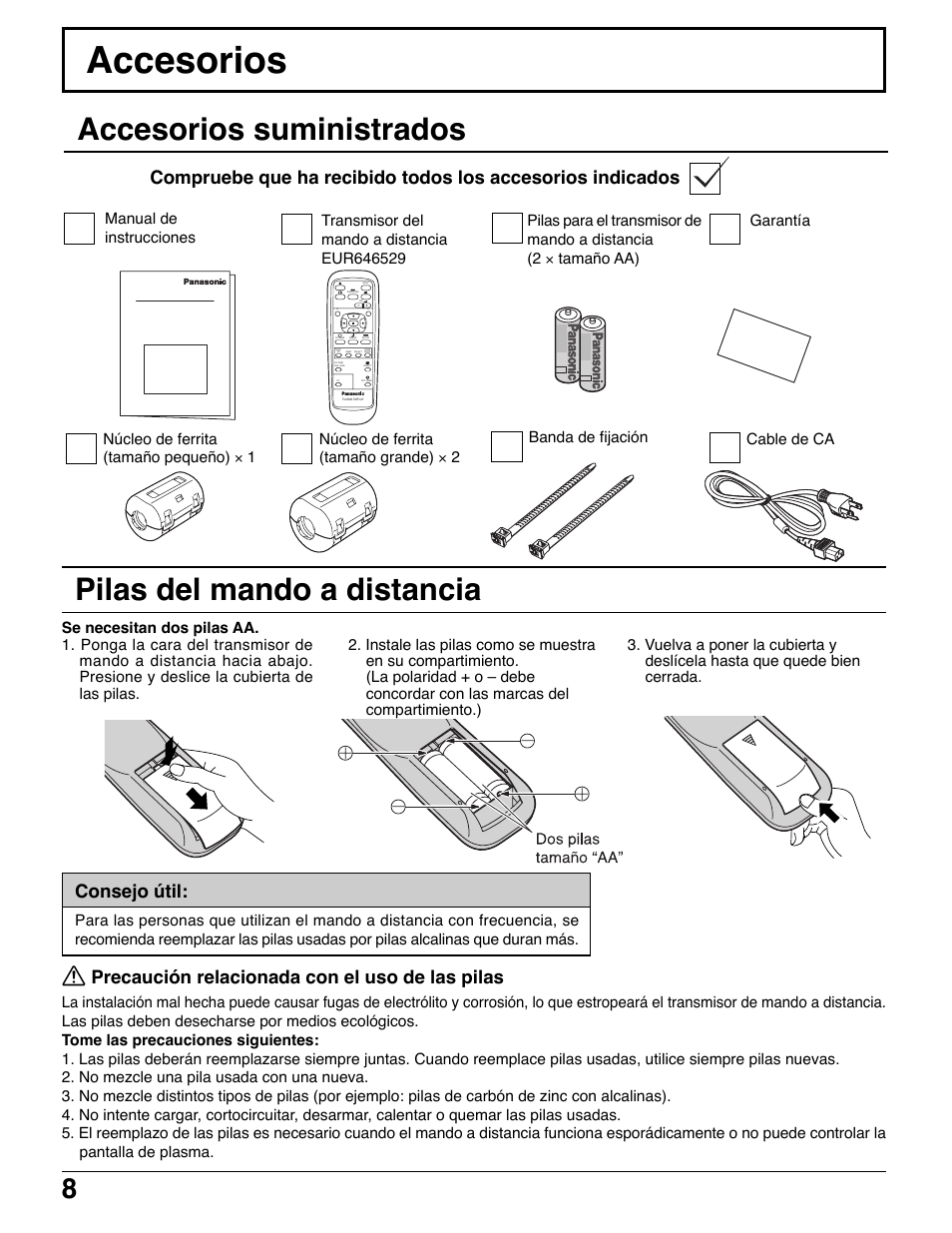 Accesorios, Accesorios suministrados, Pilas del mando a distancia | Consejo útil, Precaución relacionada con el uso de las pilas | Panasonic TH42PWD7UY User Manual | Page 8 / 44