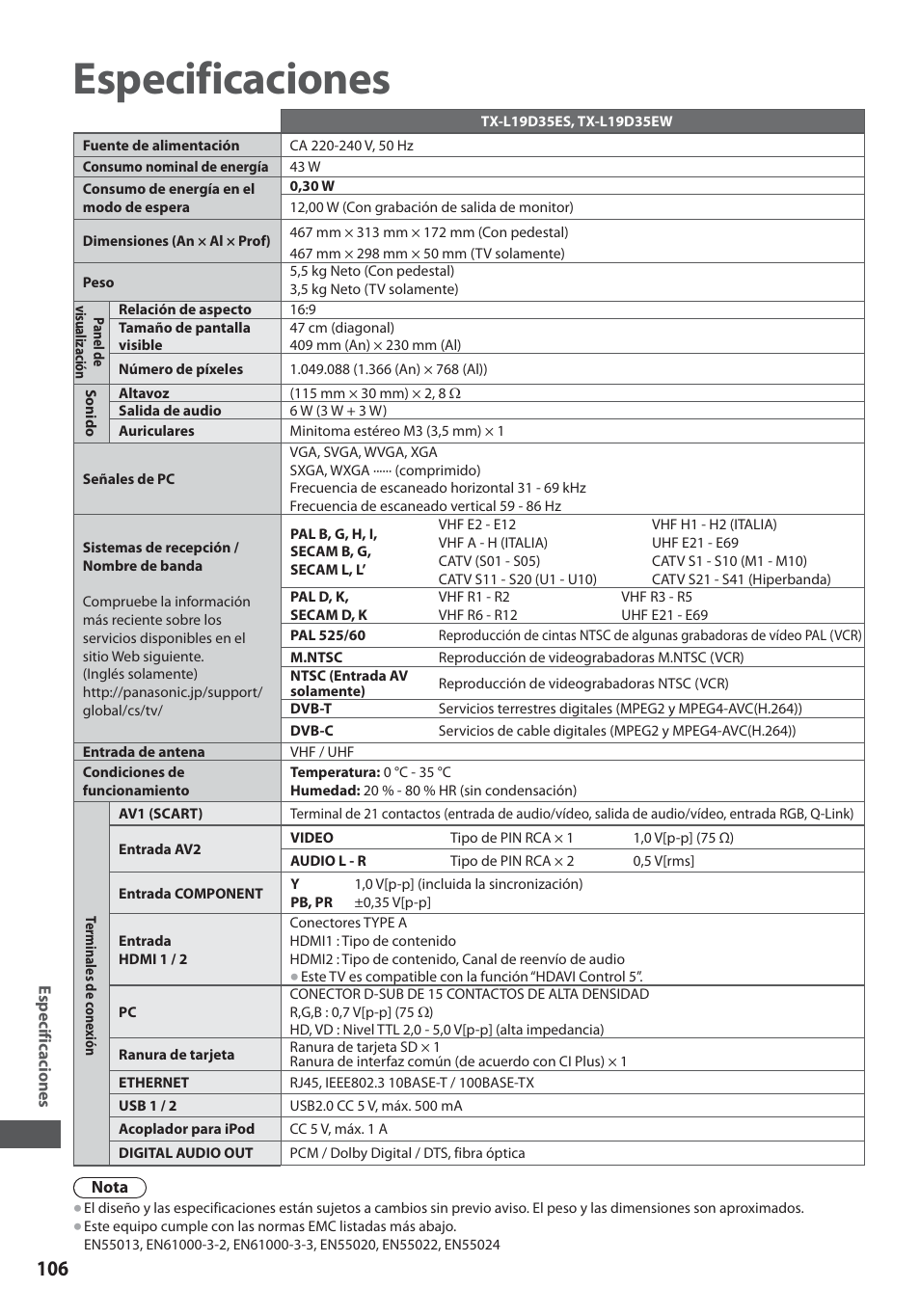 Especificaciones | Panasonic TXL19D35ES User Manual | Page 106 / 108